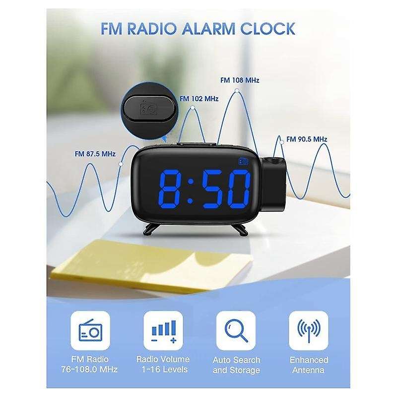 Projection Alarm Clock Radio with 180 Projector, 7 Sounds Dual Alarms, Snooze,dimmable Led Display C
