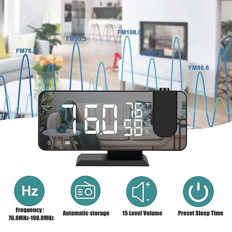 Projection Alarm Clock with Temperature Hygrometer,7.3Inch LED Radio Digital Clock with Rotation Cei