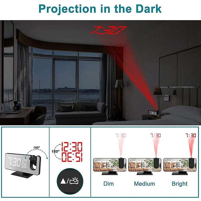 Projection Alarm Clock with Temperature Hygrometer,7.3Inch LED Radio Digital Clock with Rotation Cei