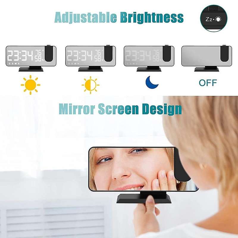 Projection Alarm Clock with Temperature Hygrometer,7.3Inch LED Radio Digital Clock with Rotation Cei