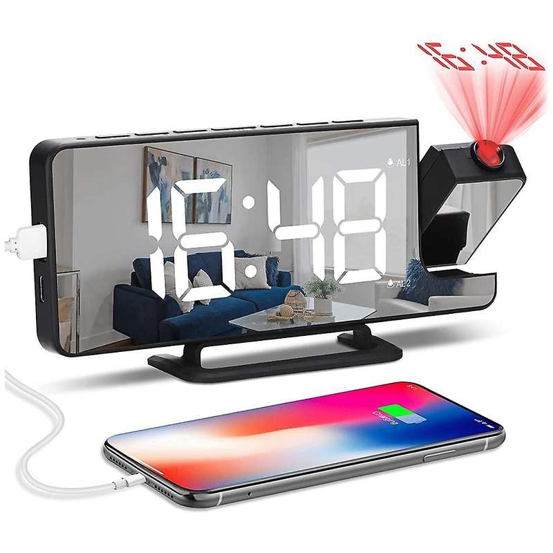 Projection Alarm Clock with 7.1inch LED Mirror Display, Digital Clock USB Cable Portable Alarm Clock