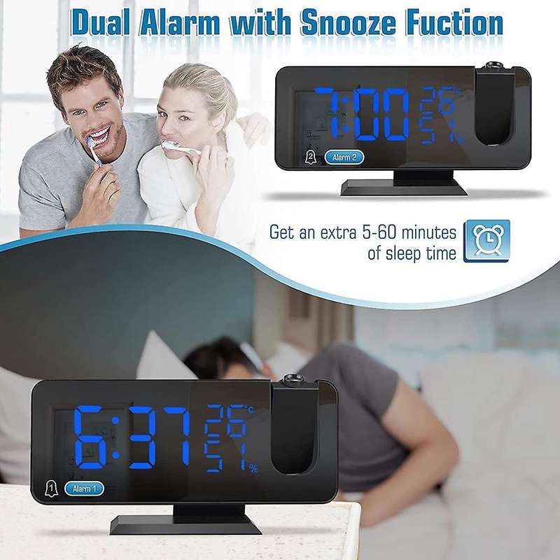 Projection LED Digital Alarm Clock, Dual Clock Snooze Ceiling Alarm FM Radio Indoor Dimmer Temperatu