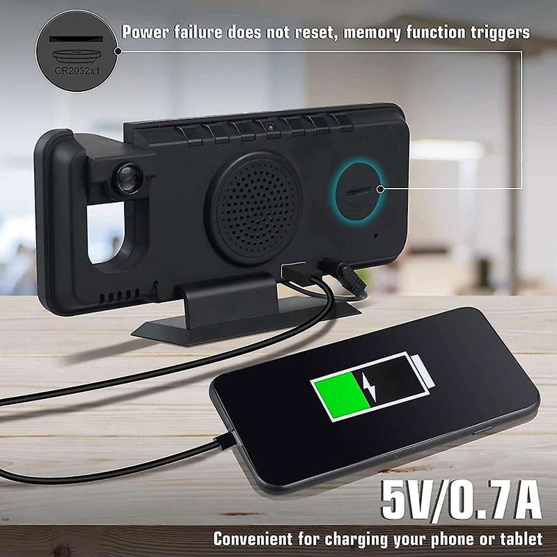 Projection LED Digital Alarm Clock, Dual Clock Snooze Ceiling Alarm FM Radio Indoor Dimmer Temperatu