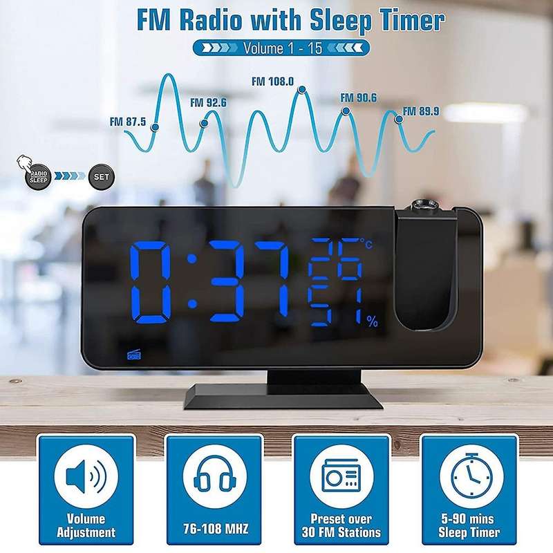 Projection LED Digital Alarm Clock, Dual Clock Snooze Ceiling Alarm FM Radio Indoor Dimmer Temperatu
