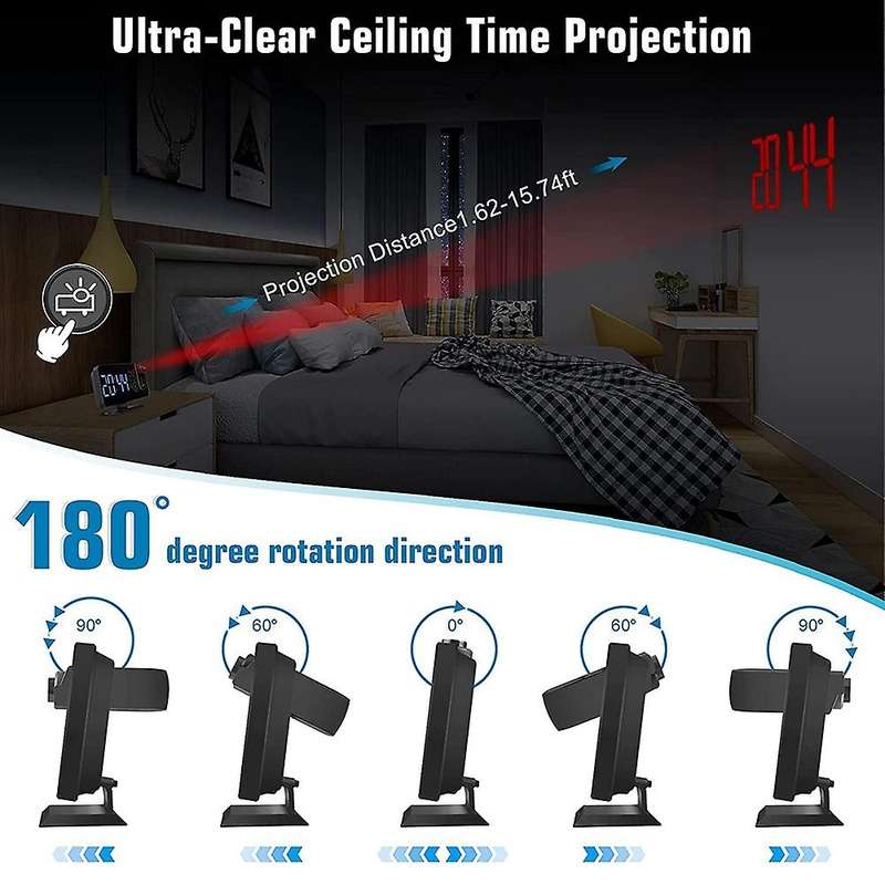Projection LED Digital Alarm Clock, Dual Clock Snooze Ceiling Alarm FM Radio Indoor Dimmer Temperatu