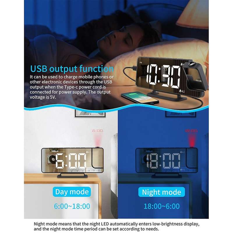 Projection Digital Alarm Clock with Bed Shaker,Extra Loud Alarm Clock for Heavy Sleeper,180degrees P