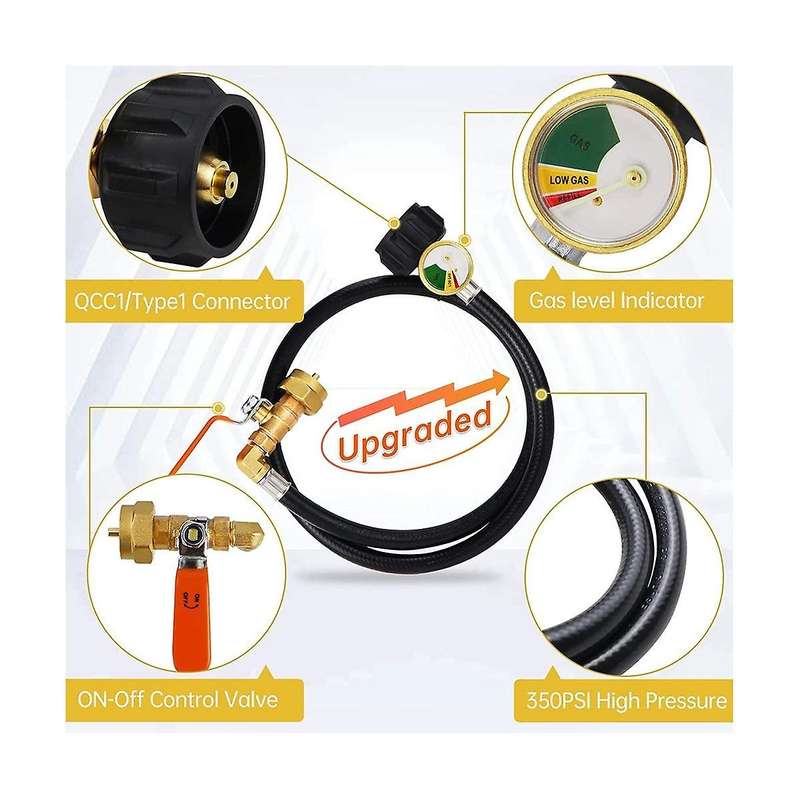 Propane Refill Adapter Hose Propane Extension Refill Hose with Gauge and On/off Control Valve for 1