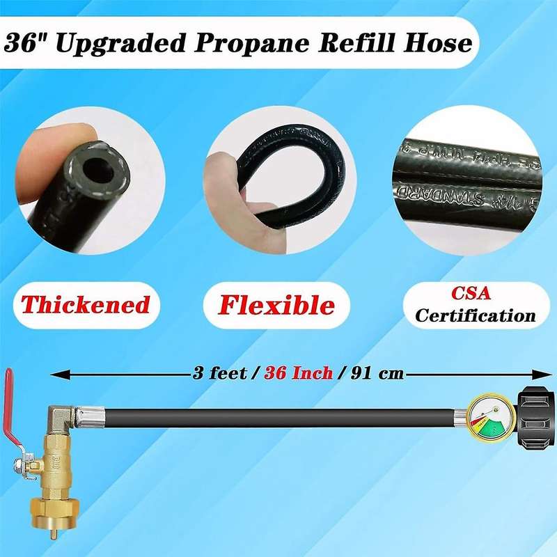 Propane Refill Adapter Hose, 36in Propane Extension Refill Hose with Gauge, Shut Off Valve, 1lb Prop