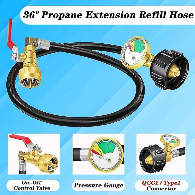 Propane Refill Adapter Hose, 36in Propane Extension Refill Hose with Gauge, Shut Off Valve, 1lb Prop