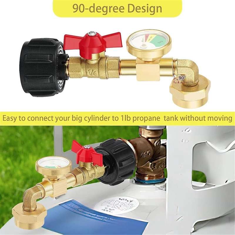 Propane Refill Adapter for 1lb. Tanks,90 Degree Propane Adapter 20lb to 1lb Converter with Gauge and