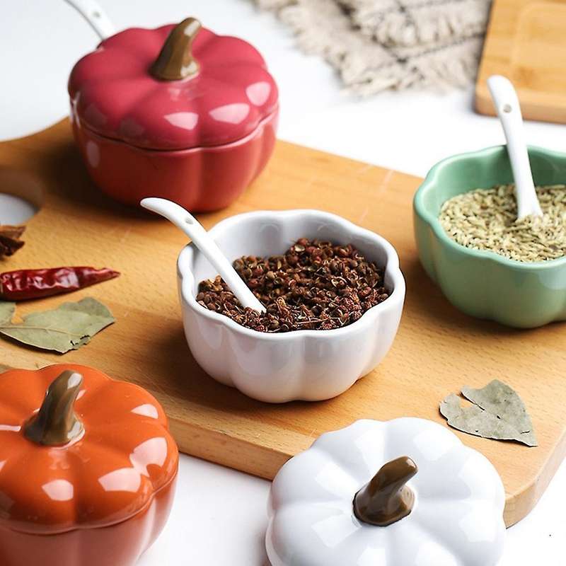 Pumpkin Ceramics Spice Jar Salt Sugar Storage Container with Spoon Kitchen Spice Bottles Jars Organi