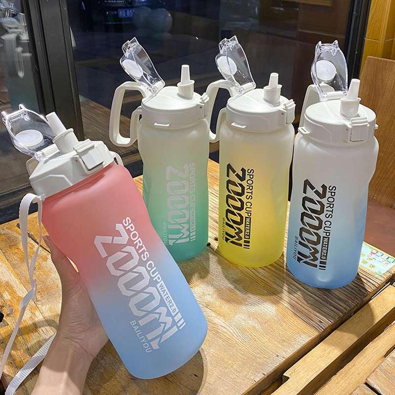 Sports Water Bottle Half Gallon/68oz with Straw Space Cups Blue