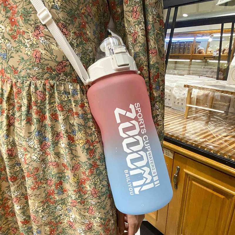 Sports Water Bottle Half Gallon/68oz with Straw Space Cups Blue