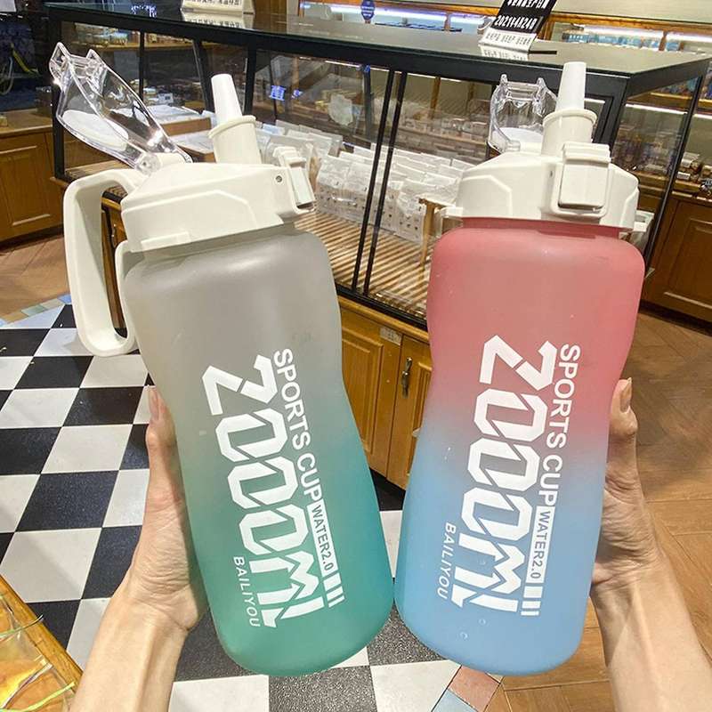 Sports Water Bottle Half Gallon/68oz with Straw Space Cups Blue