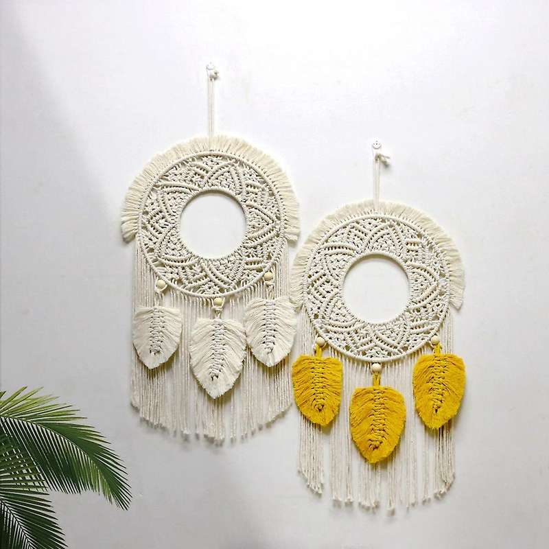 Macrame Feather Wall Hanging Boho Woven Tapestry - Beige&yellow