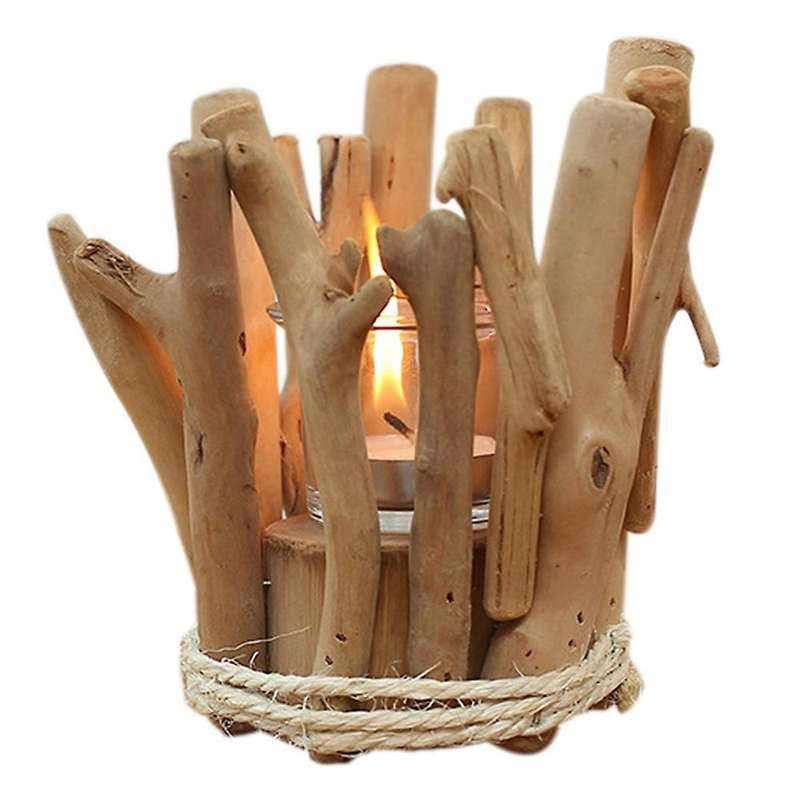 Handmade Wooden Tea Light Candle Holder with Glass Cup Coastal Style