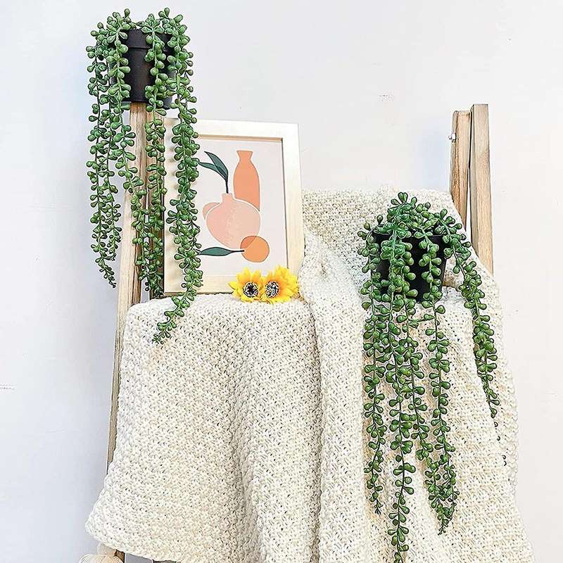2x Artificial Hanging Succulent Plants String Of Pearls with Planter