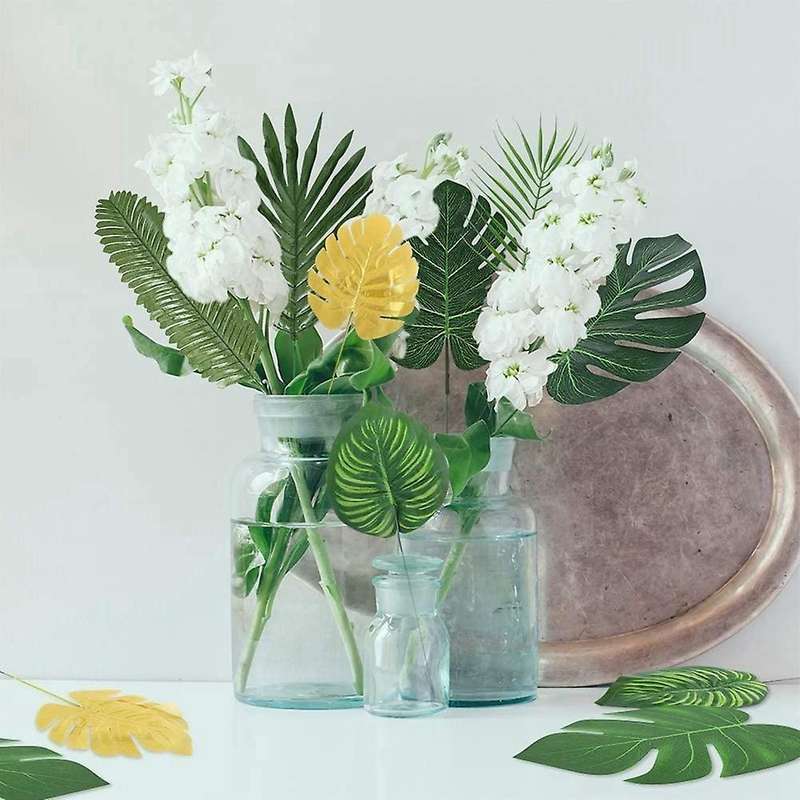 96pcs Palm Leaves Golden Tropical Leaves with Stems Fake Leaf Plant