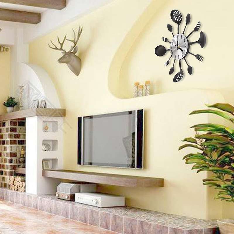 Metal Kitchen Cutlery Wall Clock 14 Inch for Home Decor,black