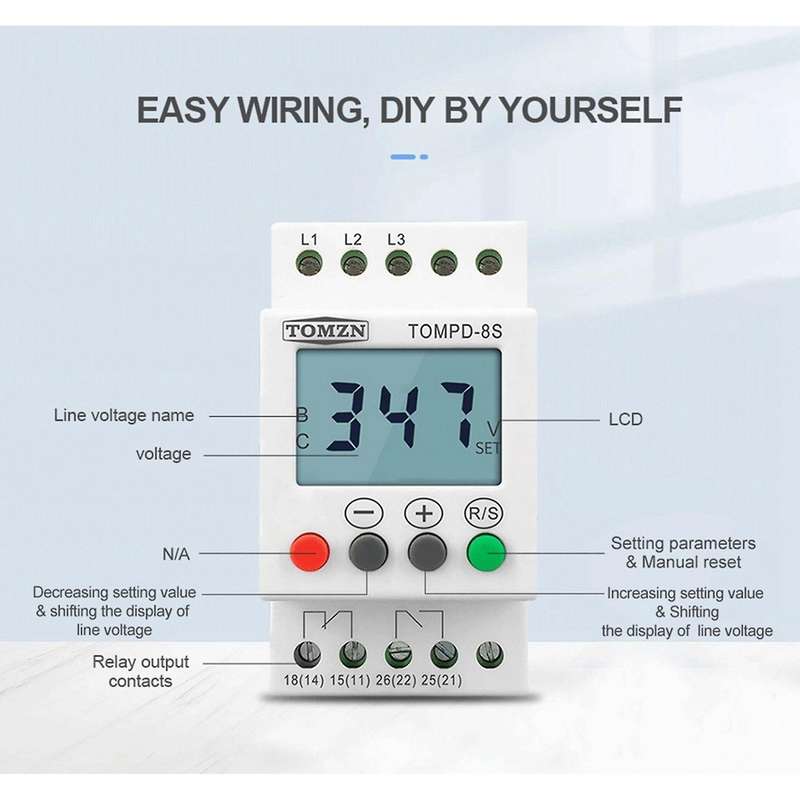 3 Phase Din Rail Adjustable Under Over Voltage Protector