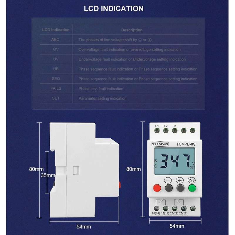 3 Phase Din Rail Adjustable Under Over Voltage Protector