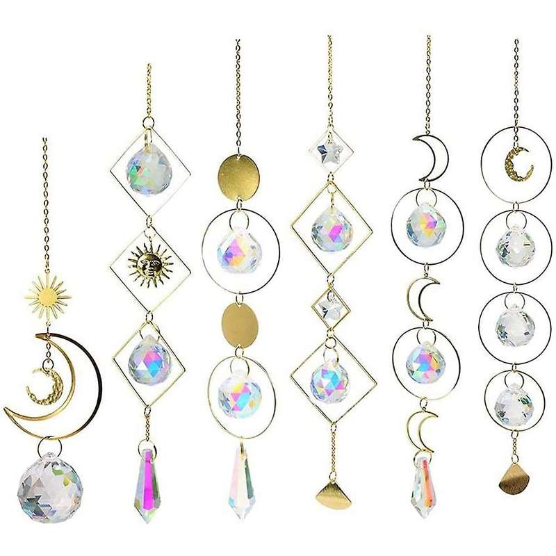 6 Pieces Moon Sun Hoop Rainbow Crystal Pendant Indoor Decoration