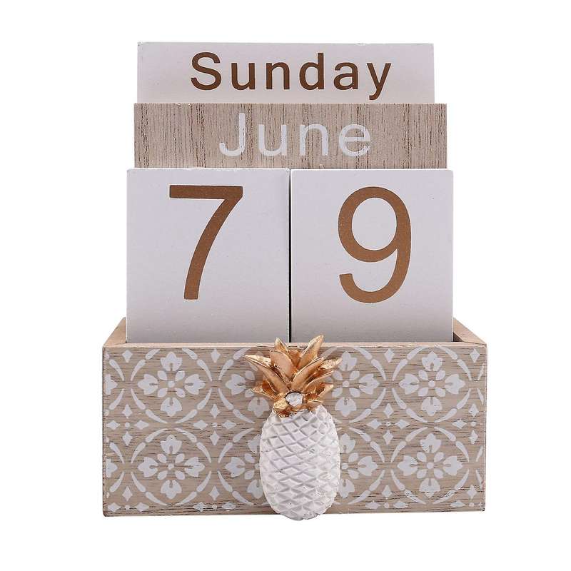 Vintage Wood Block Perpetual Calendar Desk Accessory Month Week Date