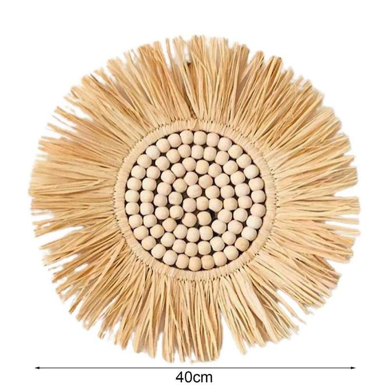 40cm Acrylic Hanging Mirror Moroccan Style Straw Wood Beads Pendant-d