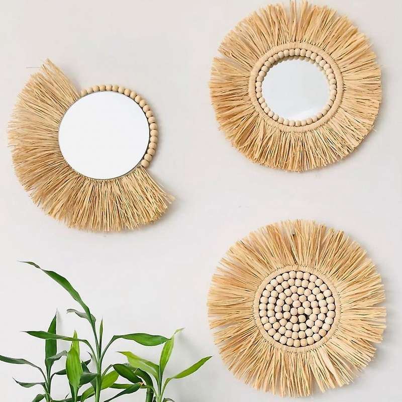 40cm Acrylic Hanging Mirror Moroccan Style Straw Wood Beads Pendant-d
