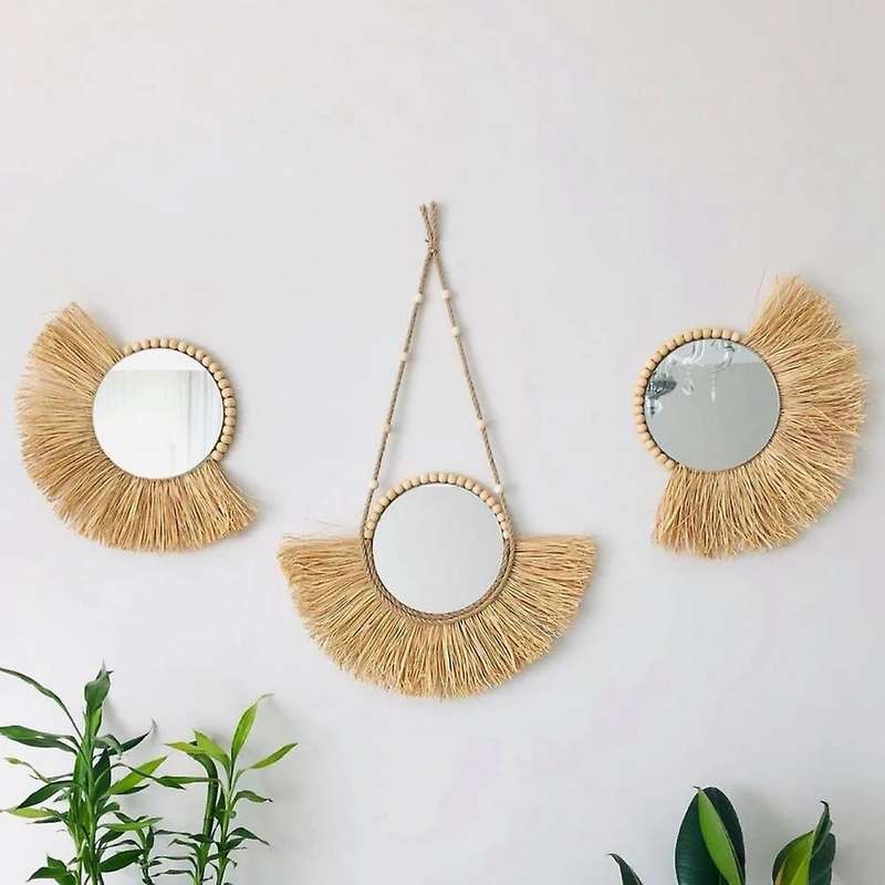 40cm Acrylic Hanging Mirror Moroccan Style Straw Wood Beads Pendant-d