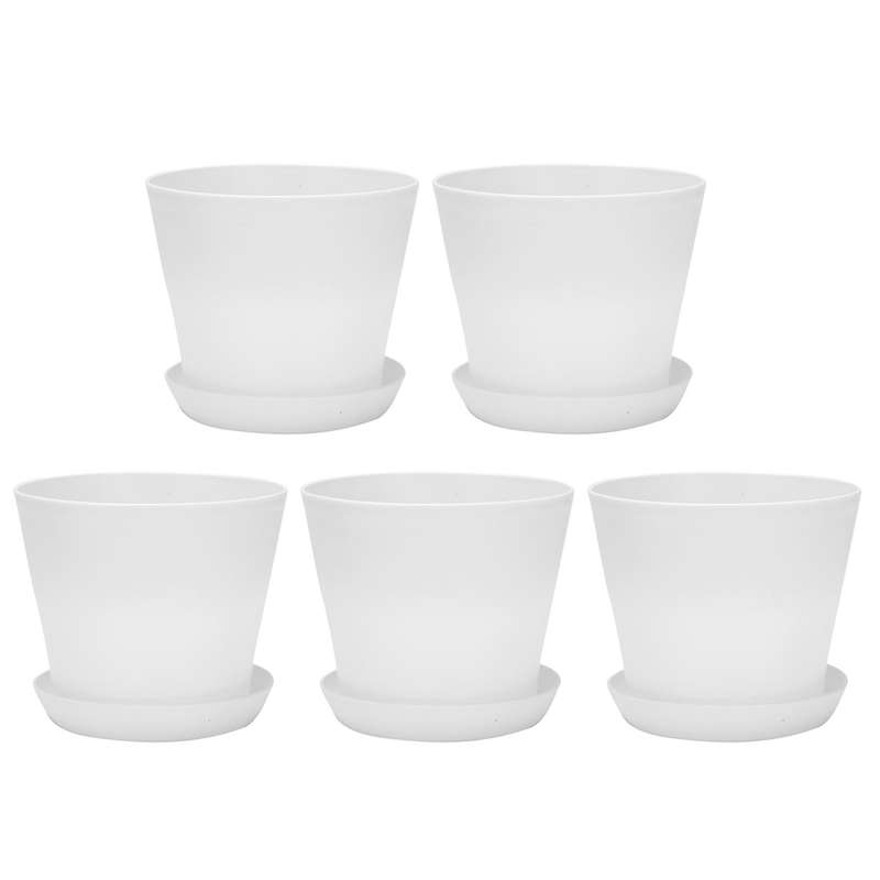 5x Plastic Plant Flower Pot with Tray Round White Upper Caliber 17cm