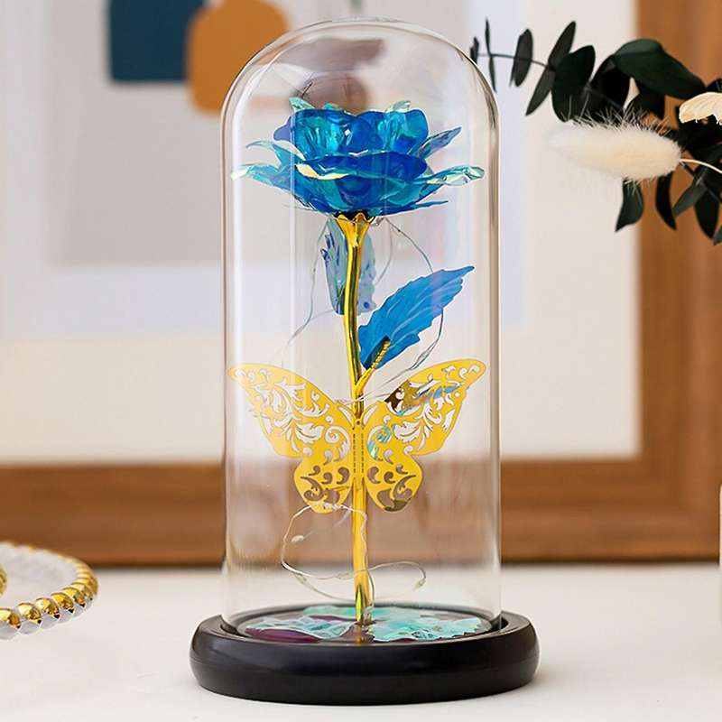 Glass Rose,eternal Flower Light Up for Night Bedroom Decor Blue