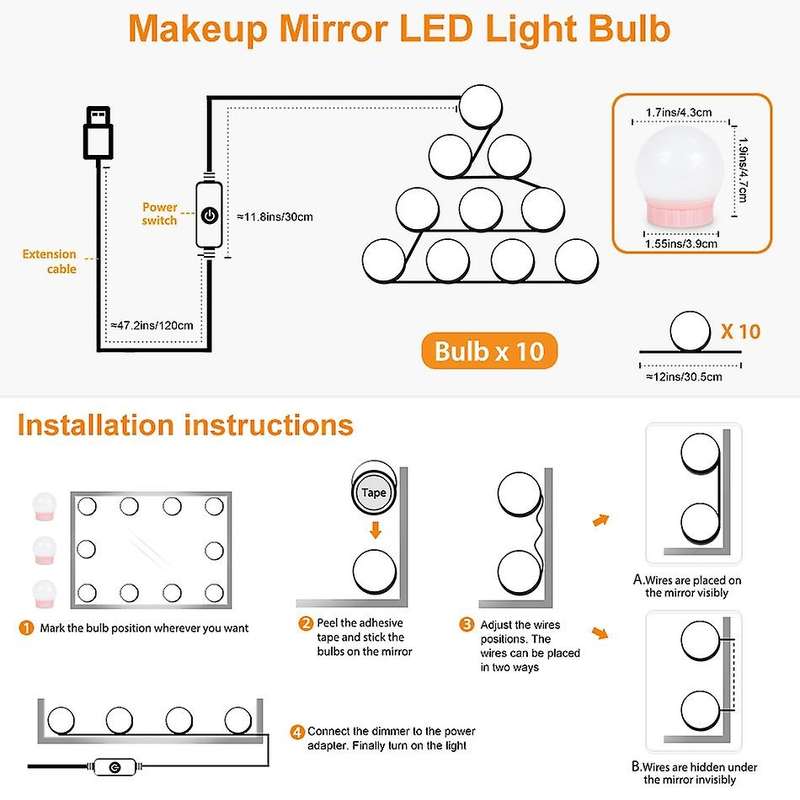 Led Makeup Mirror Light Press Dimming Vanity Dressing Lamp,14 Bulbs