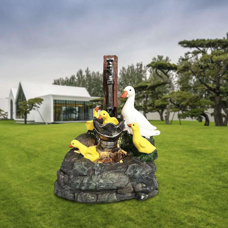 Animal Garden Statue with Led Lights Duck Family Sculpture Cascading
