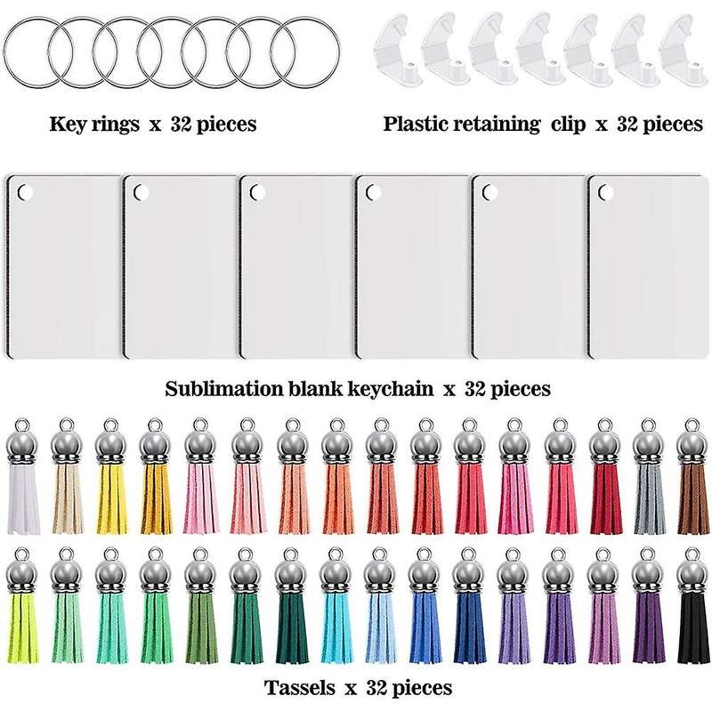 128pcs Sublimation Keychain Blanks Set Keychain Tassels Mdf Rectangle