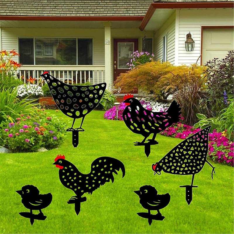 Black Acrylic Rooster Hen Chick Statue Decor for Garden Yard Lawn