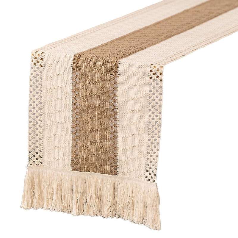 Cream Beige Bohemian Style Table Towel with Tassel Cotton Linen,a