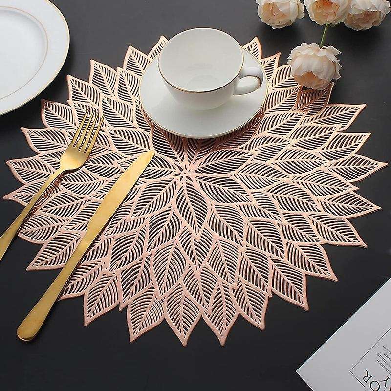 Placemats Set Of 6, Round Hollow Out Flowers Place Mats Rose Gold
