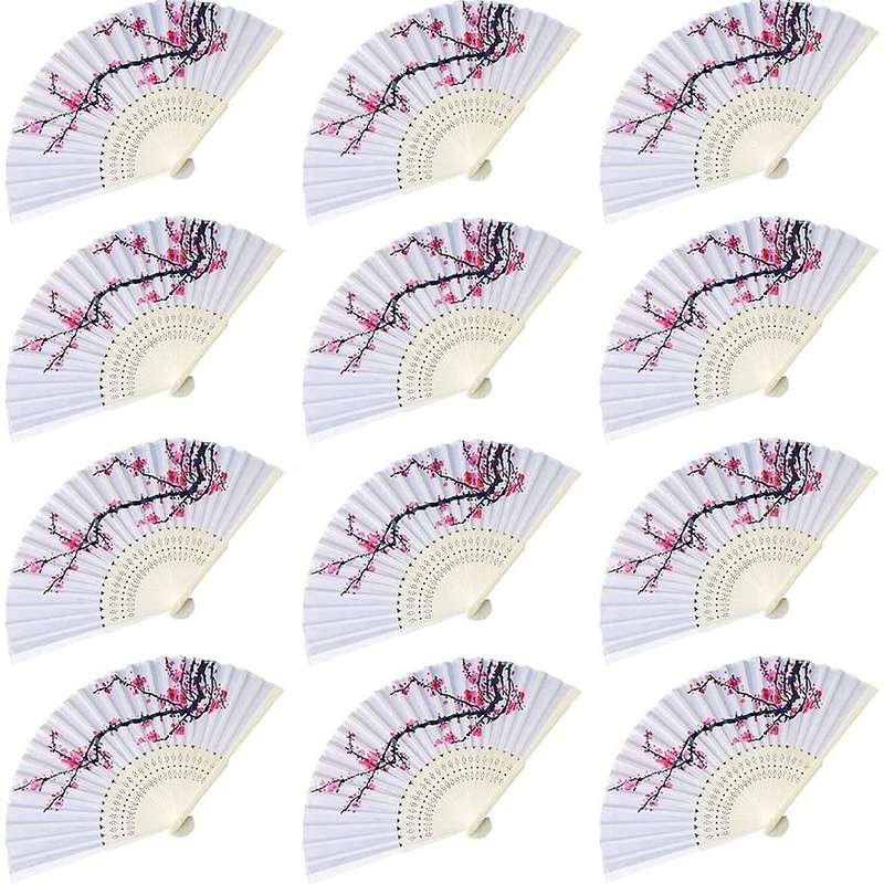12 Pieces Cherry Blossom Design Silk Folding Hand Fan Wedding Gifts