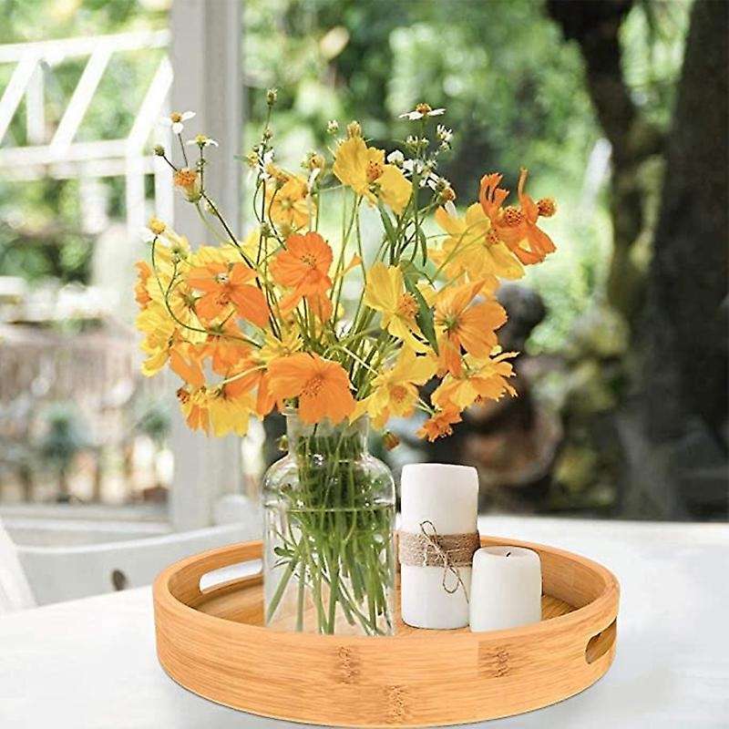 Round Serving Tray with Handles - Wooden Tray 13.78 Inch X 1.97 Inch