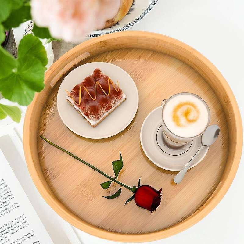 Round Serving Tray with Handles - Wooden Tray 13.78 Inch X 1.97 Inch