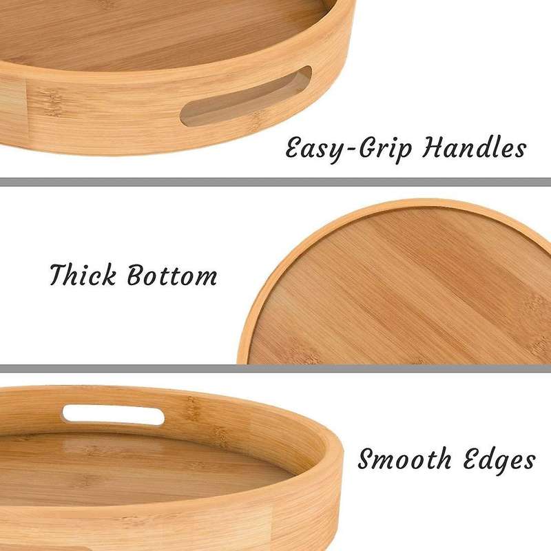Round Serving Tray with Handles - Wooden Tray 13.78 Inch X 1.97 Inch