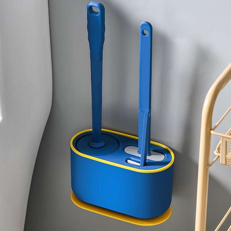 Wall-mounted 3 In 1 Long Handle Toilet Brush Holders Set Blue