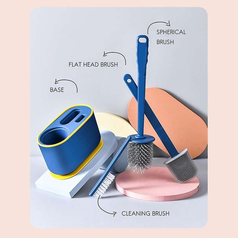 Wall-mounted 3 In 1 Long Handle Toilet Brush Holders Set Blue