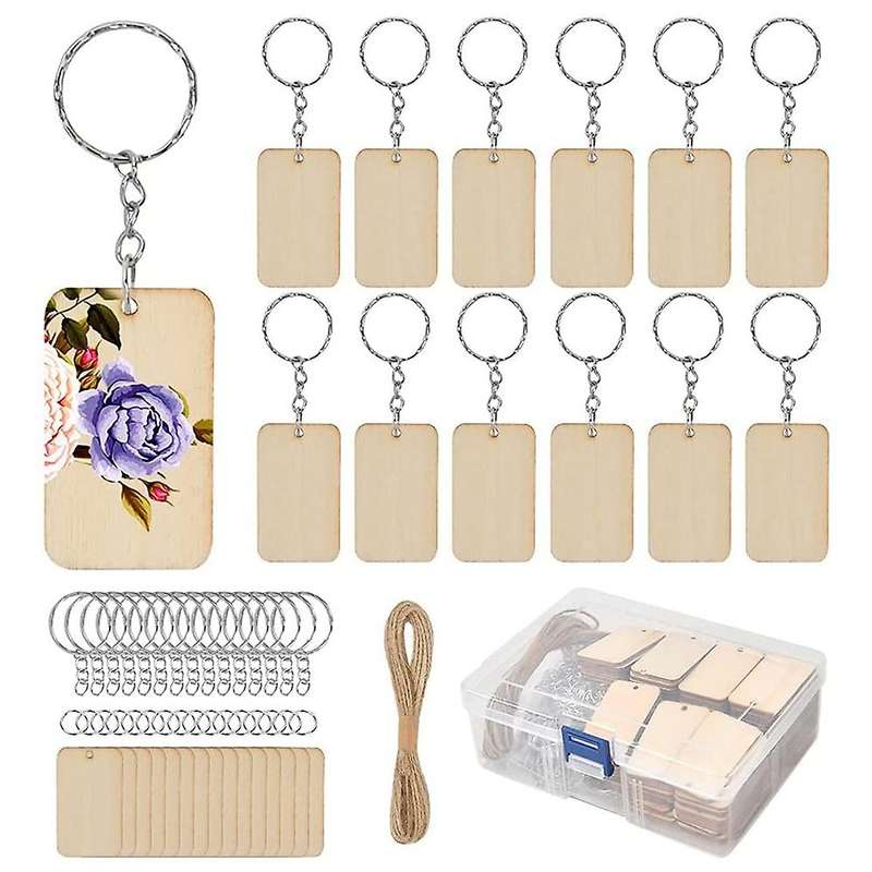 80pcs Blank Rectangle-shaped Wooden Keychain Set, 80pcs Key Rings