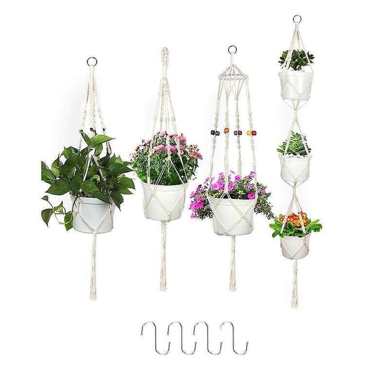 4pcs Macrame Plant Hanger White Handmade Cotton with 4 Hanging Hooks
