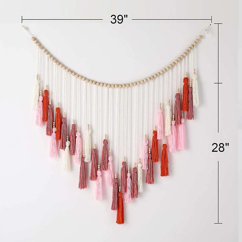 Large Tassel, Boho Yarn Tassels Garland with Wood Beads (pink Series)