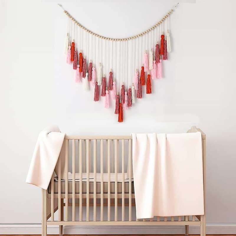 Large Tassel, Boho Yarn Tassels Garland with Wood Beads (pink Series)