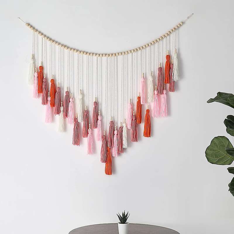 Large Tassel, Boho Yarn Tassels Garland with Wood Beads (pink Series)