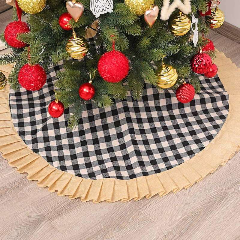 Black and Red Plaid Cloth Tree Skirt Christmas Ornaments 48-inch D
